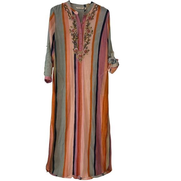 Soft Surroundings Striped Aruba Caftan Dress Women's Medium Embroidered Flowy - Picture 1 of 16
